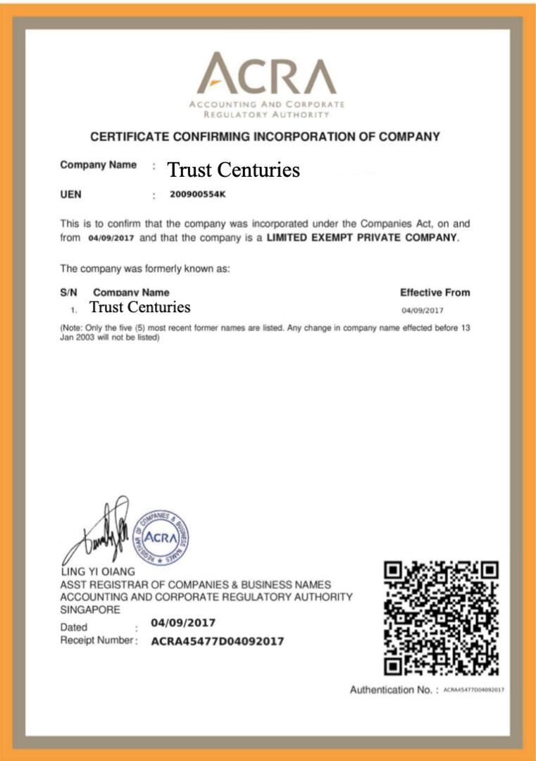 Trust Centuries  CERTIFICATE